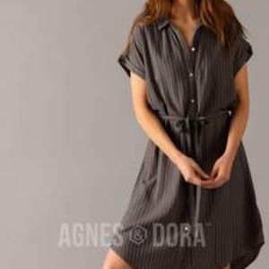 Agnes & Dora Cuff Sleeve Shirt Dress NWT Gray Navy Pinstripe Belted Collared M